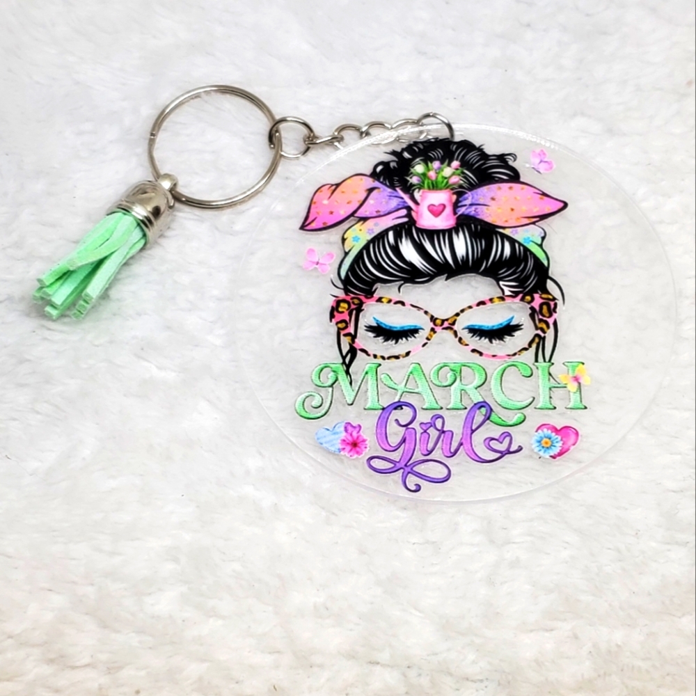 7/$10 March Girl Keychain with Tassel, New